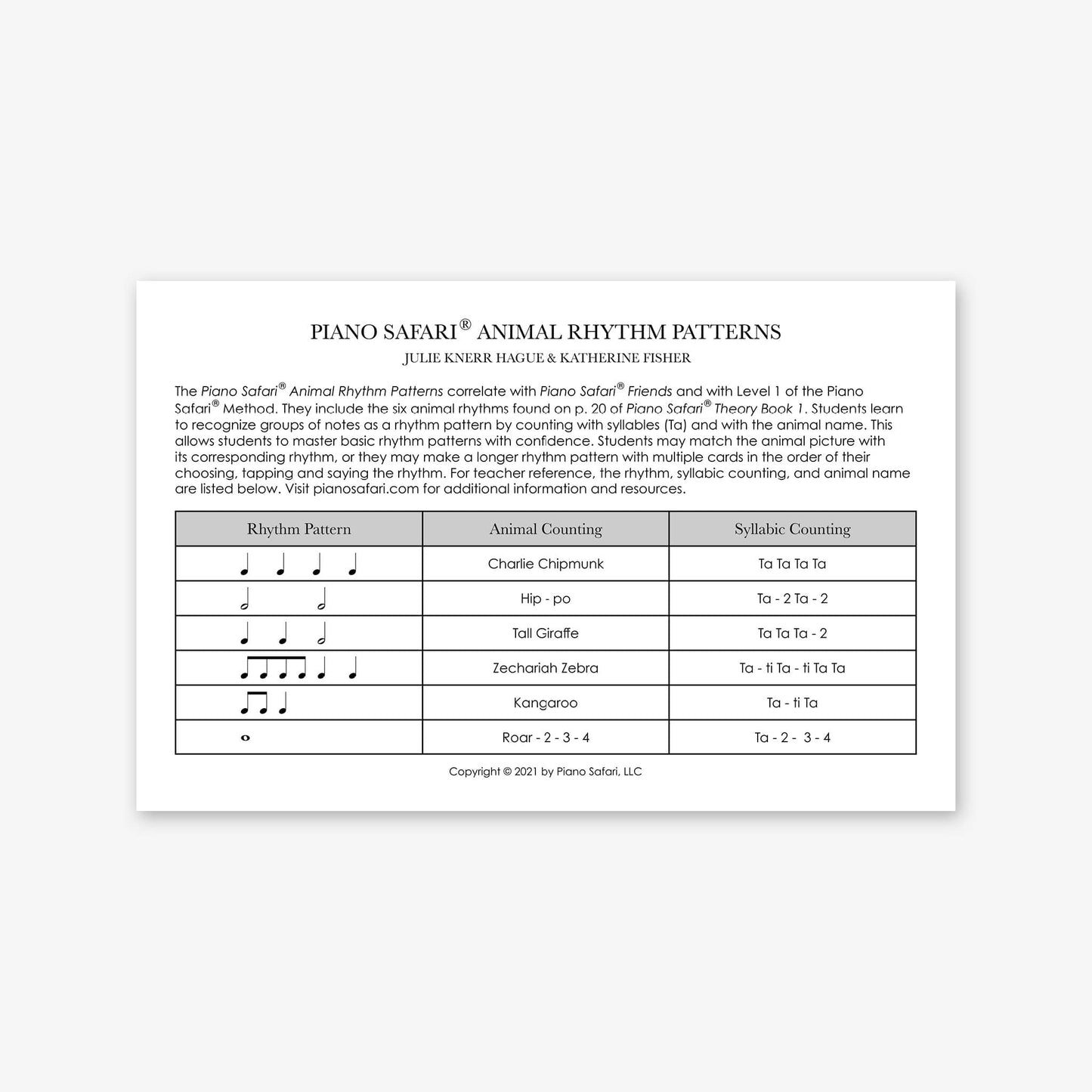 Piano Safari Method Supplements Children Friends & Level 1 Animal Rhythm Patterns