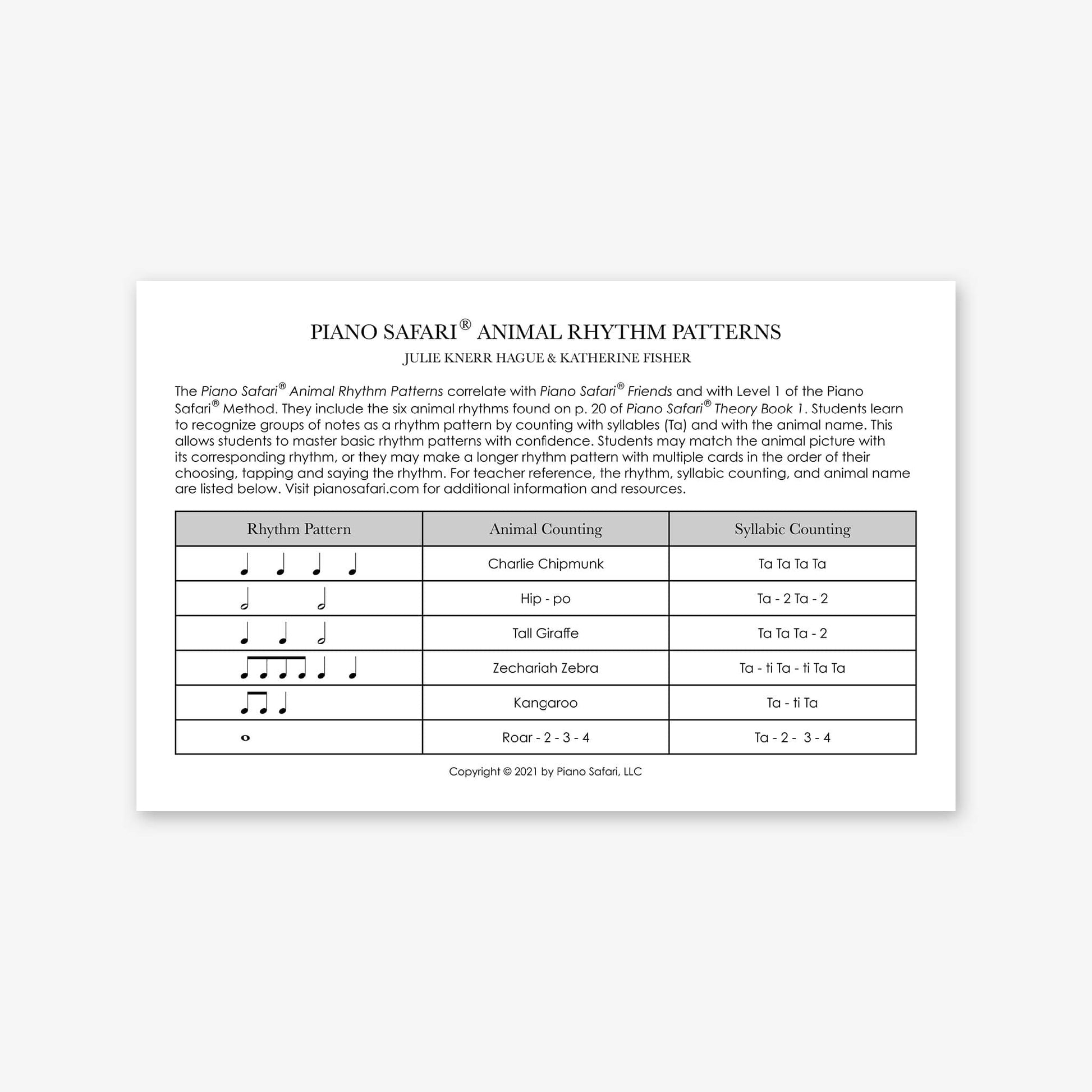 Piano Safari Method Supplements Children Friends & Level 1 Animal Rhythm Patterns